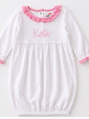 Pristine Stitchy Fish 3-6 months ruffle “Kate” Embroidered Pink Dot Gown